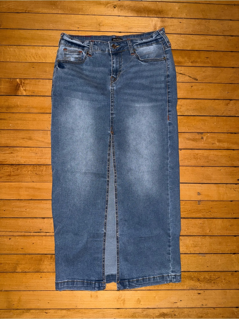 True Religion Medium Blue Denim Midi Skirt with Front Slit